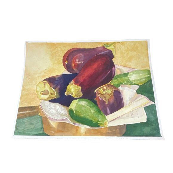 Vibrant Still Life Watercolor Painting Of Eggplants and Zucchini On Rustic Backg - Picture 1 of 9